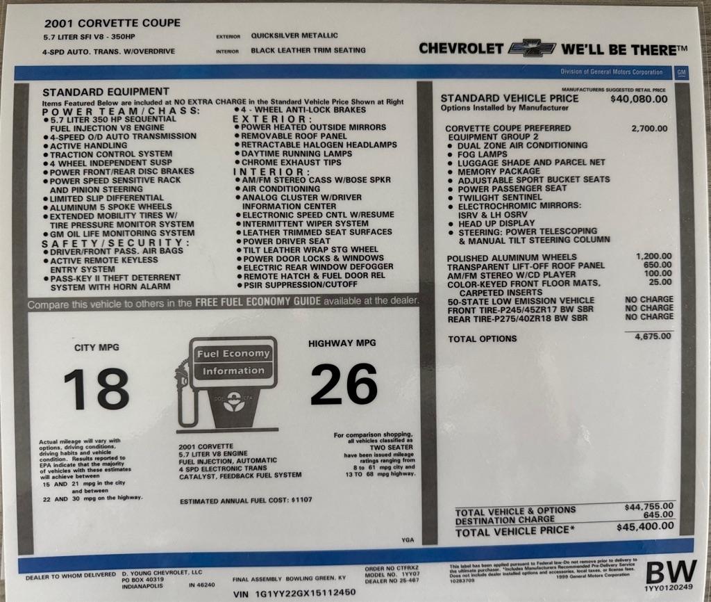Chevrolet Corvette 2dr Cpe 2001