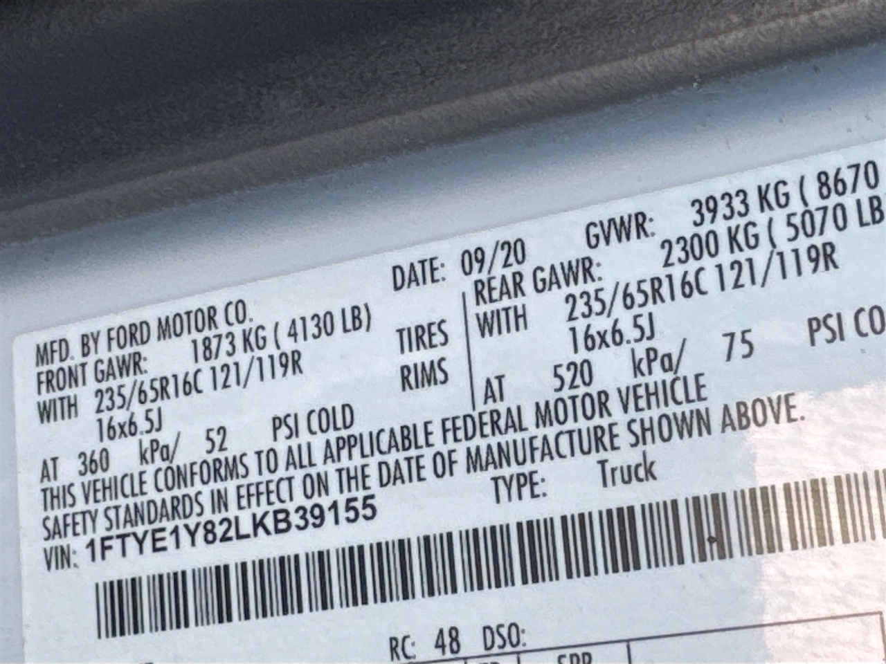 Ford Transit Cargo Van T-150 130" Low Rf 8670 GVWR RWD 2020