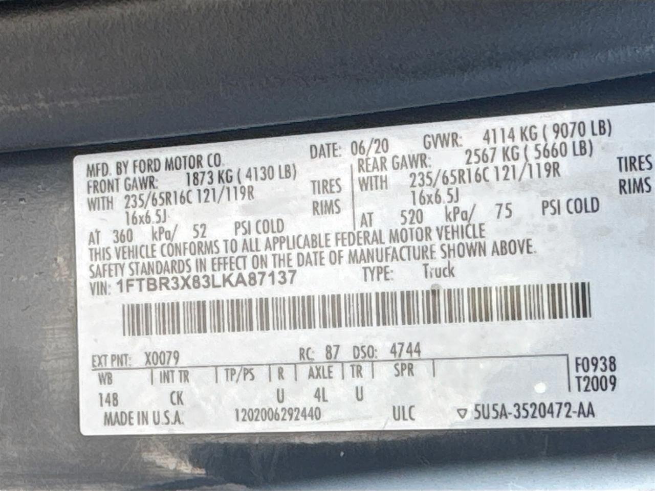 Ford Transit Cargo Van T-250 148" EL Hi Rf 9070 GVWR RWD 2020