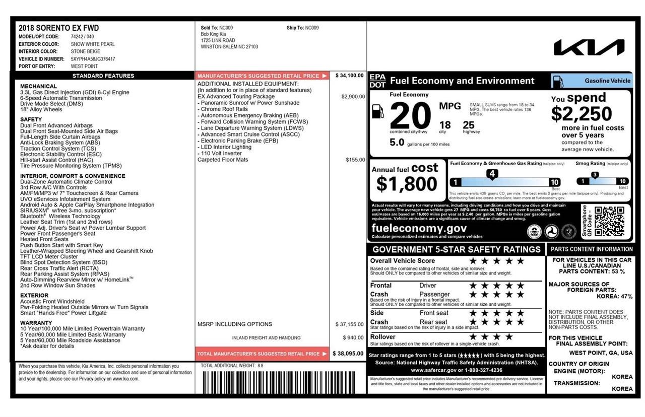 Kia Sorento EX V6 2WD 2018