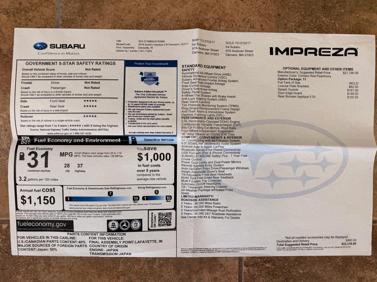 Subaru Impreza 2.0i Premium CVT 5-Door 2018