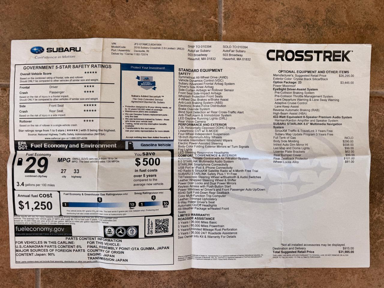 Subaru Crosstrek 2.0i Limited CVT 2018