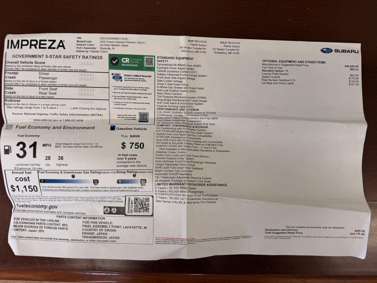Subaru Impreza 2.0i Premium CVT 5-Door 2022