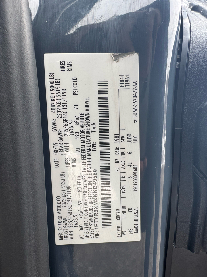 Ford Transit Van T-250 148" EL Hi Rf 9000 GVWR Sliding RH Dr 2019