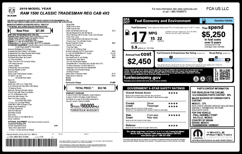 RAM 1500 Classic Tradesman Regular Cab LWB 2WD 2019