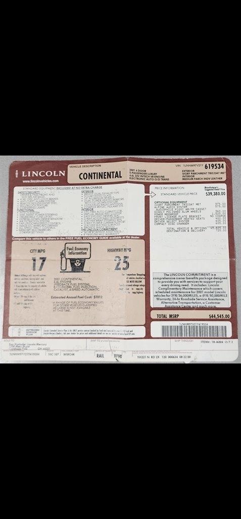 Lincoln Continental 4dr Sdn 2001
