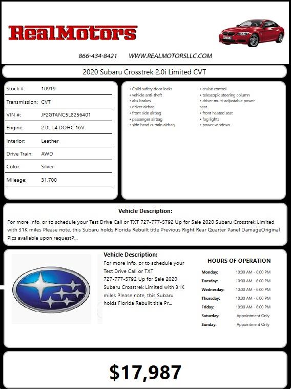 Subaru Crosstrek 2.0i Limited CVT 2020