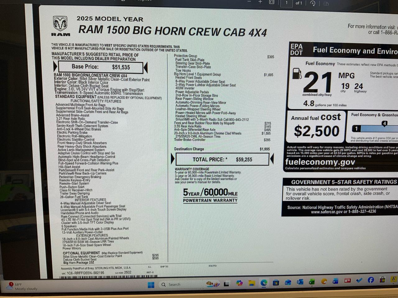 RAM 1500 Big Horn Crew Cab SWB 4WD 2025