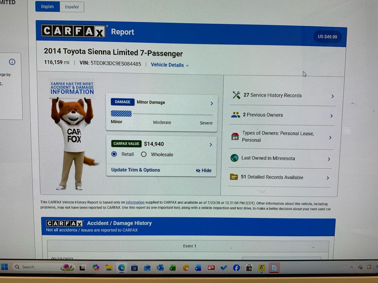 Toyota Sienna 5dr 7-Pass Van V6 XLE AWD (Natl) 2014