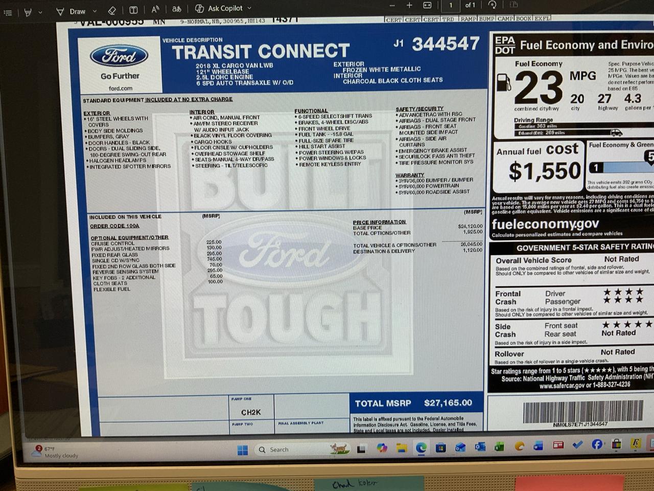 Ford Transit Connect Cargo Van XL LWB w/Rear Liftgate 2018
