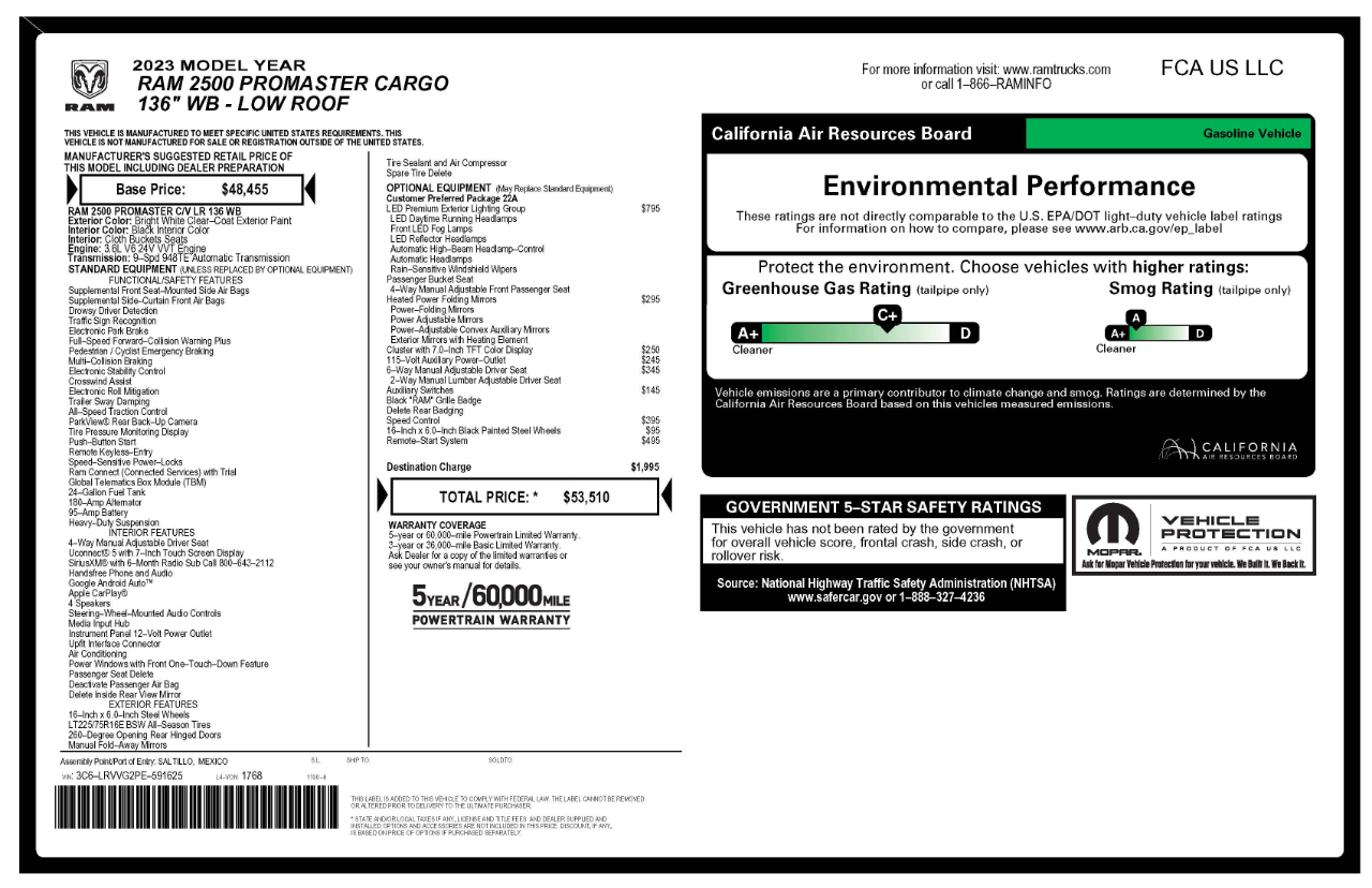 RAM ProMaster Cargo Van 2500 Low Roof 136" WB 2023 RAM ProMaster Cargo Van 2500 Low Roof 136" WB 2023
