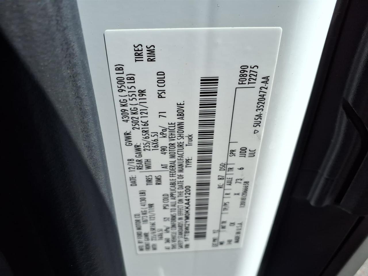 Ford Transit Van T-350 148" Low Rf 9500 GVWR Sliding RH Dr 2019