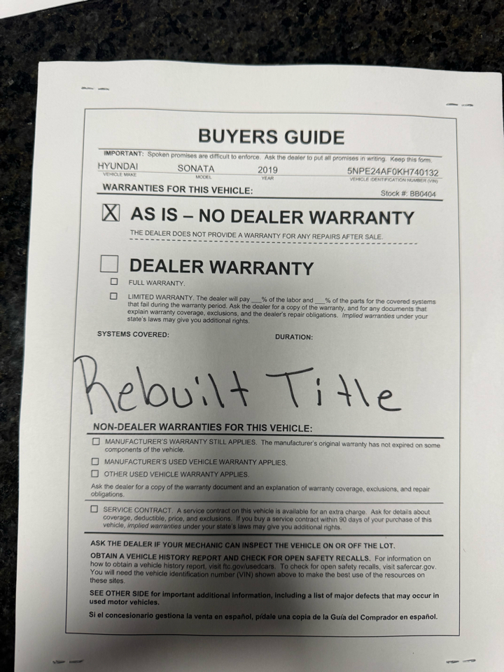 Hyundai Sonata SE 2.4L 2019