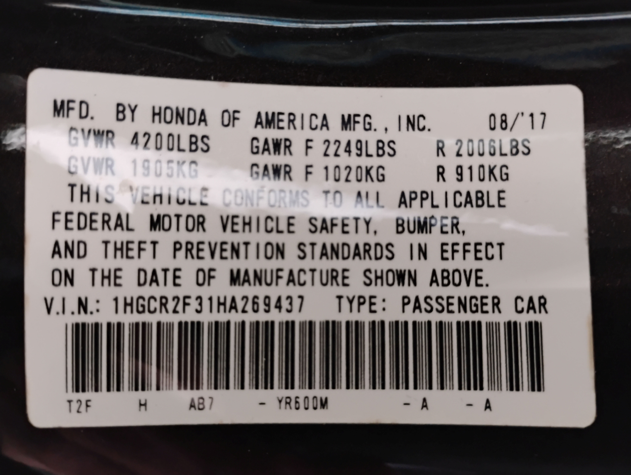 Honda Accord LX Sedan CVT 2017