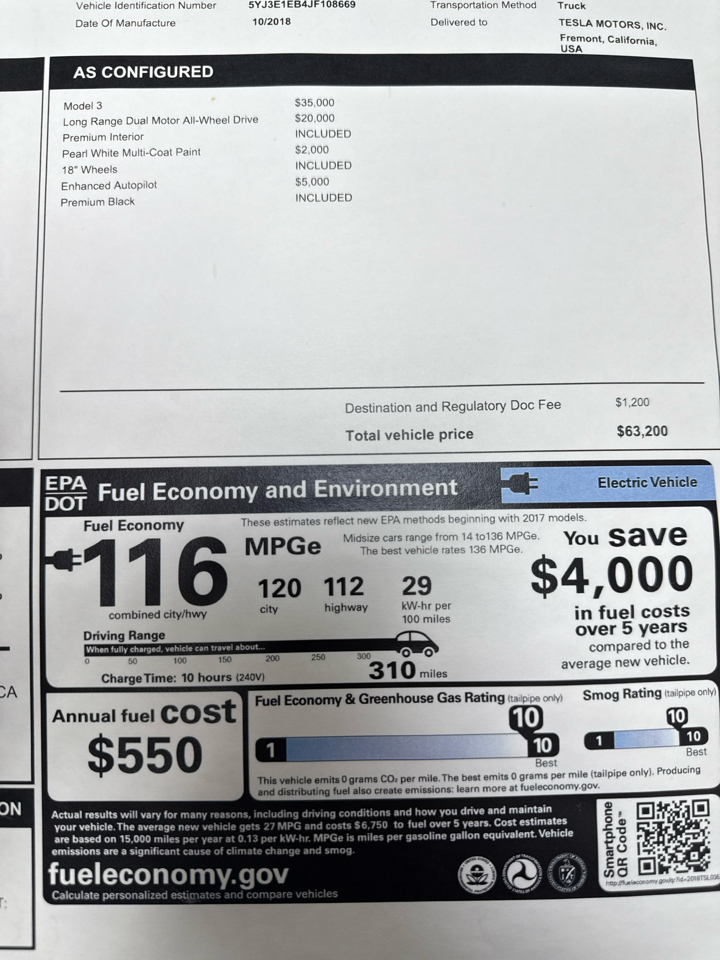 Tesla Model 3 Long Range Battery AWD 2018 Tesla Model 3 Long Range Battery AWD 2018