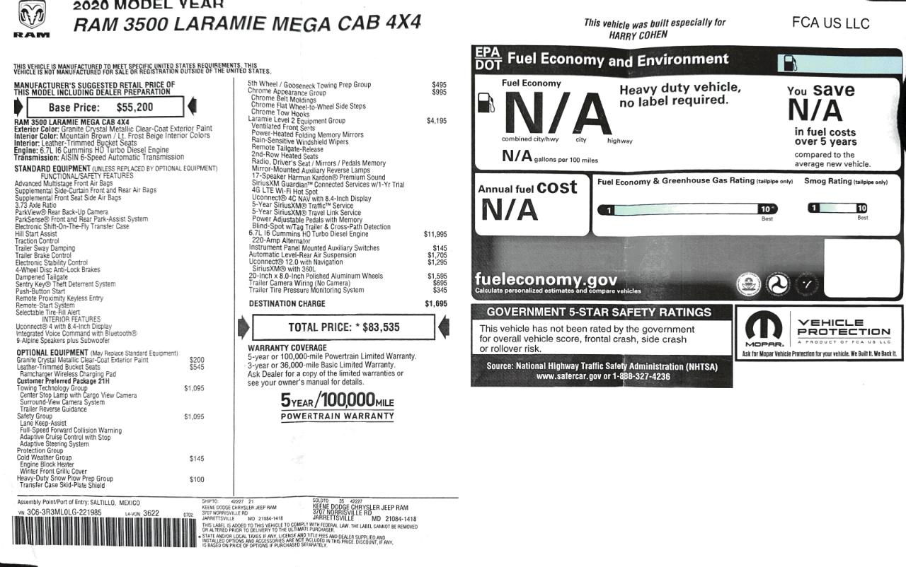 RAM 3500 Laramie 4x4 Mega Cab 6'4" Box 2020