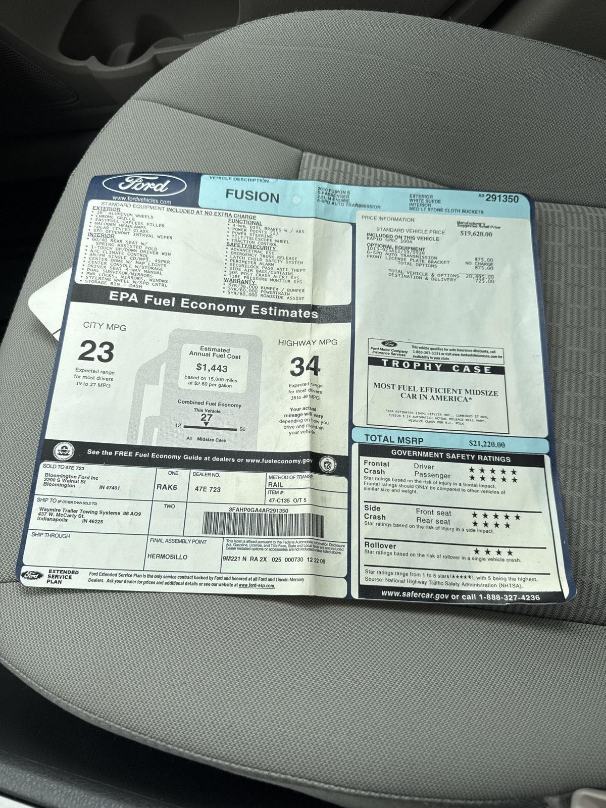 Ford Fusion 4dr Sdn S FWD 2010